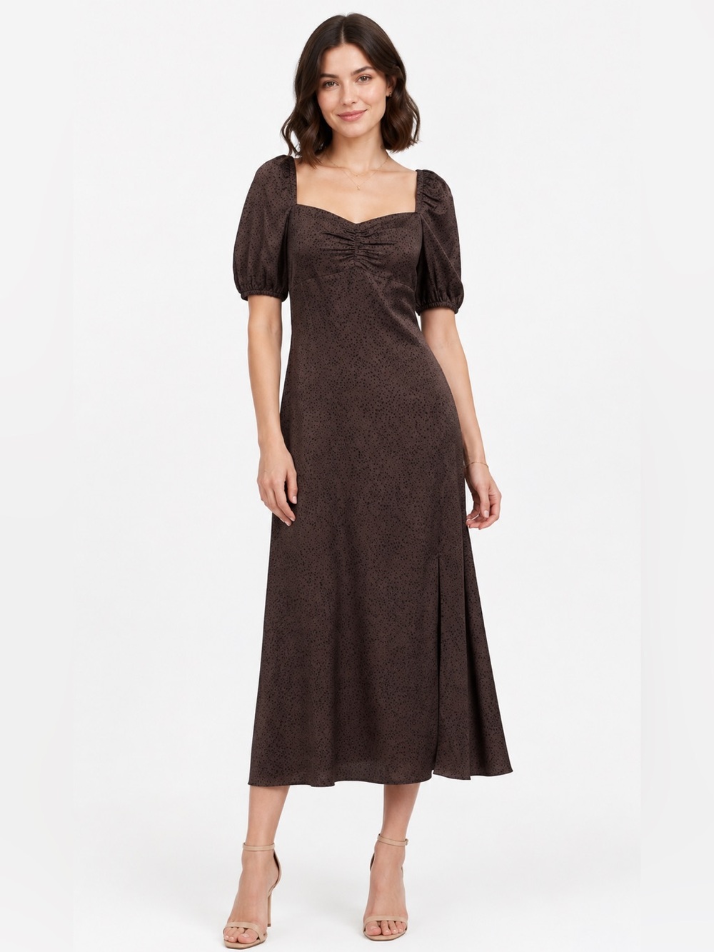 Madewell Puff-Sleeve Sweetheart Midi Dress speckled satin brown chic SIZE 8 NEW!